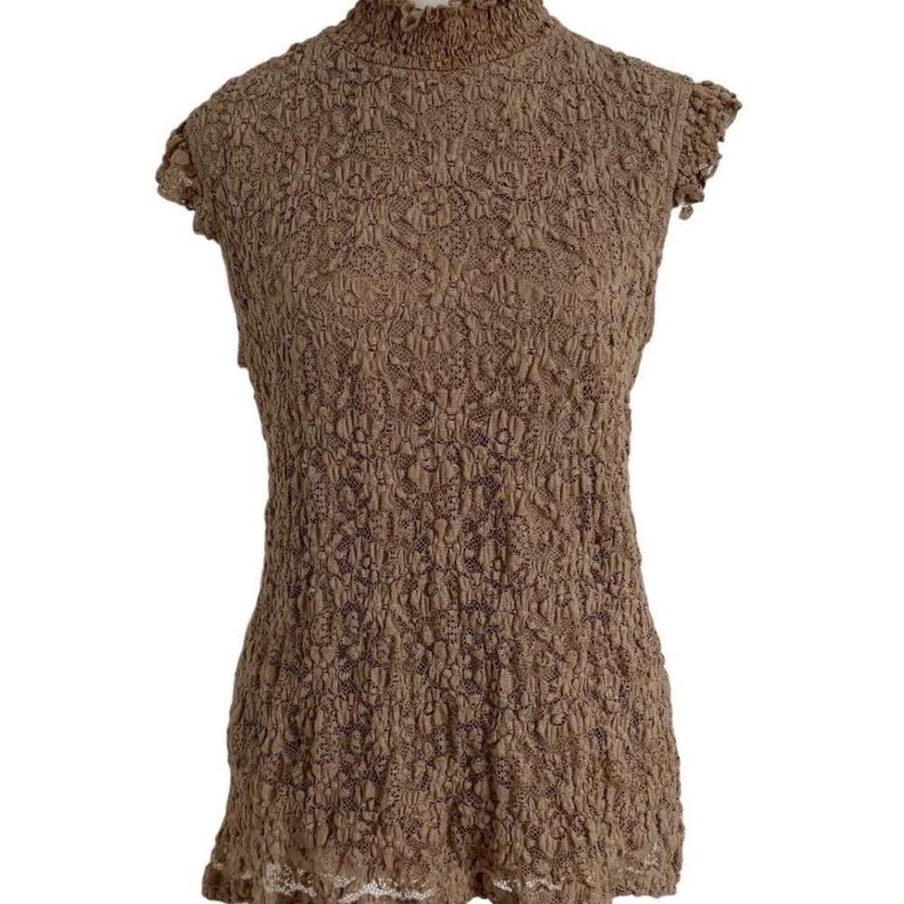 Jennie & Marlis Brown Laced Top With Ruffles & High Neck Size Medium